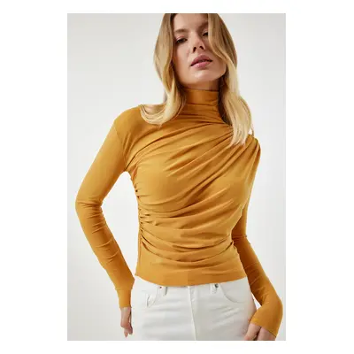 Happiness İstanbul Women's Mustard Gather Detailed High Collar Sandy Blouse