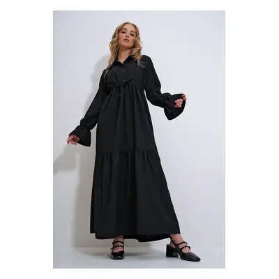 Trend Alaçatı Stili Women's Black Shirt Buttoned Front Collar and Bellows Skirt Flounce Woven Hi