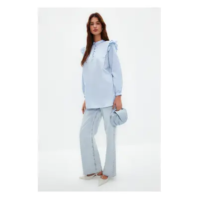 Trendyol Light Blue Ruffle Detailed Cotton Blend Woven Shirt