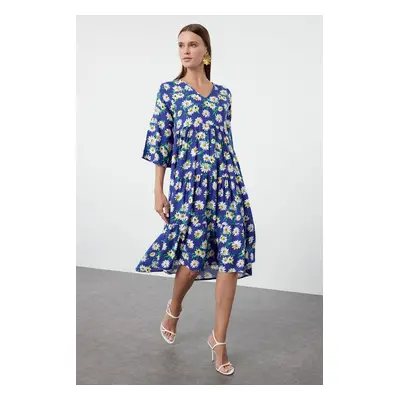 Trendyol Blue Floral Patterned Wide Cut V-Neck Woven Dress