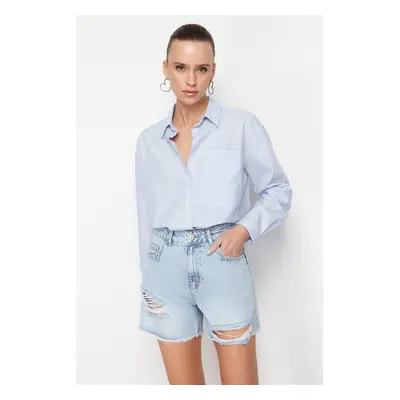 Trendyol Blue Ripped High Waist Denim Shorts