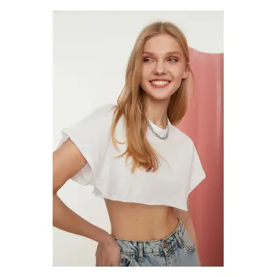 Trendyol White 100% Cotton Crew Neck Super Crop Knitted T-Shirt