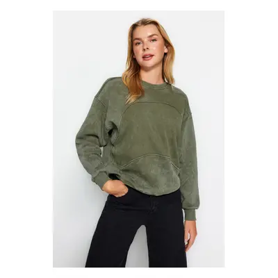 Trendyol Khaki Worn/Faded Effect Fleece Inside Oversize/Cross-Fit Knitted Sweatshirt