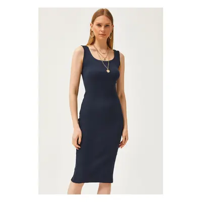 Olalook Women's Navy Blue Thick Strap Lycra Midi Dress