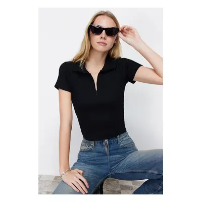 Trendyol Black Ribbed Stitching Detailed Polo Neck Crop Stretchy Knitted Blouse