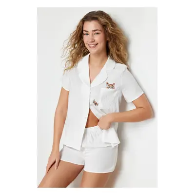 Trendyol White Cat Embroidered Viscose Woven Pajama Set