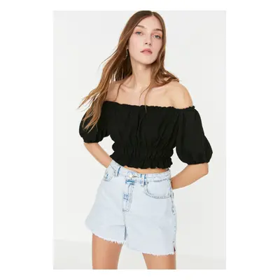 Trendyol Black Carmen Collar Wrap Crop Knitted Blouse