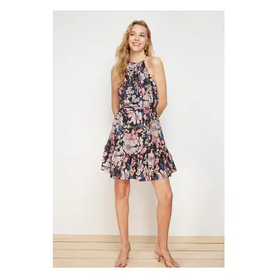 Trendyol Brown Floral Halter Neck A-line Tie Detailed Mini Woven Dress