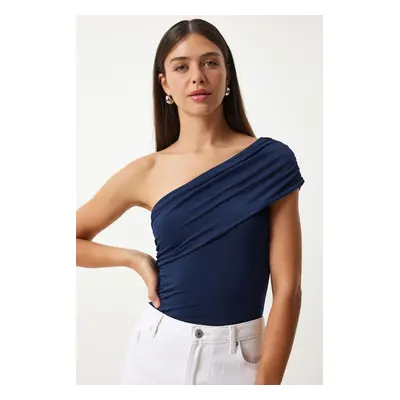 Happiness İstanbul Women's Navy Blue One Shoulder Gathered Knitted Blouse