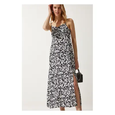 Happiness İstanbul Women's Black and White Strap Patterned Viscose Dress