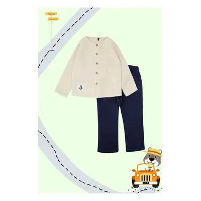 Trendyol Stone Boy Pocket Long Sleeve Shirt-Pants Set Cotton Knitted Bottom-Top Set