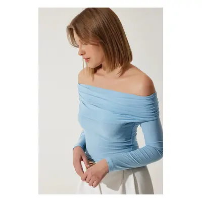 Happiness İstanbul Women's Sky Blue Off-the-Shoulder Gather Detailed Blouse