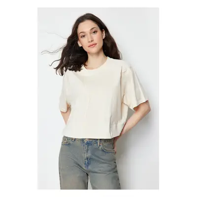 Trendyol Stone 100% Cotton Cut Detailed Relaxed Crop Knitted T-Shirt