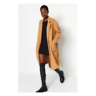 Trendyol Camel Pocket Detailed Belted Regular Coat