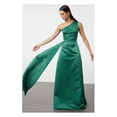 Trendyol Emerald Green One Shoulder Woven Satin Evening Dress & Graduation Dress