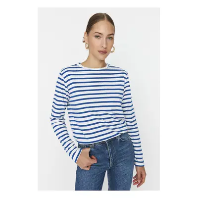 Trendyol Navy Blue Striped Regular/Normal Pattern Basic Crew Neck Knitted T-Shirt