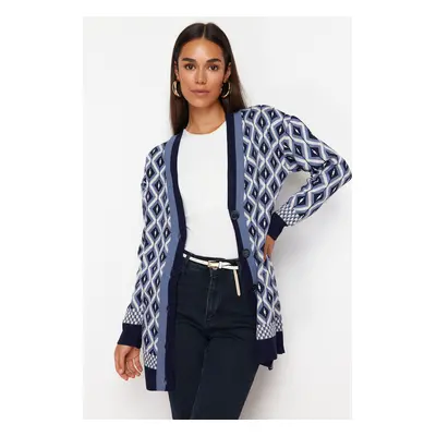 Trendyol Navy Blue Jacquard Button Detailed Knitwear Cardigan