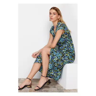 Trendyol Navy Blue Floral Patterned A-line Double-breasted Collar Viscose Midi Woven Dress