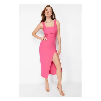 Trendyol Fuchsia Slit Gathered Detailed Midi Woven Dress