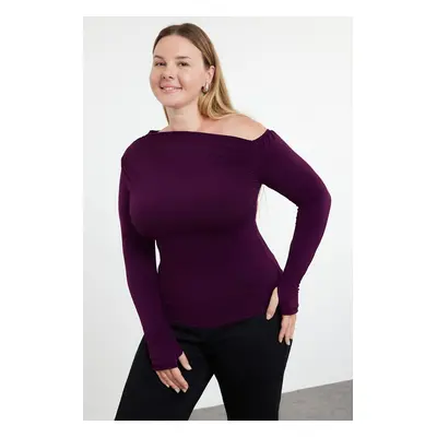 Trendyol Curve Plum Gathered One Shoulder Knitted Plus Size Blouse