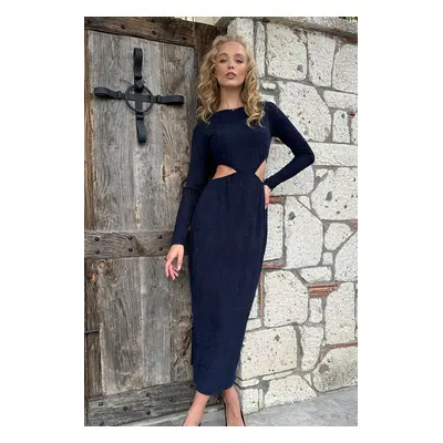 Trend Alaçatı Stili Women's Navy Blue Outcut Cut Self-Textured Midi Dress