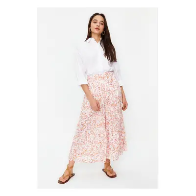 Trendyol Ecru Floral Pattern Pleated Woven Skirt with Elastic Waist