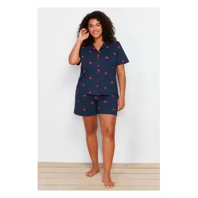 Trendyol Curve Navy Blue Heart Pattern Knitted Pajamas Set