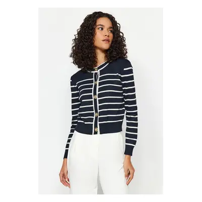 Trendyol Navy Blue Striped Buttoned Jacket-Look Knitwear Cardigan