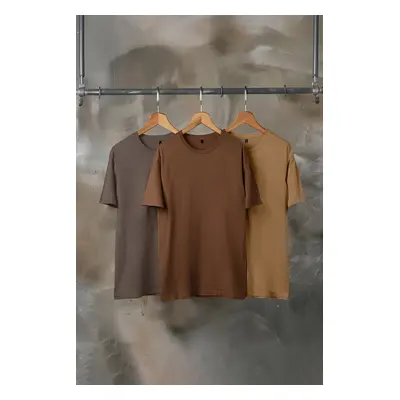 Trendyol Brown-Beige-Grey Slim/Slim Cut Crew Neck Basic 100% Cotton 3-Pack T-Shirt