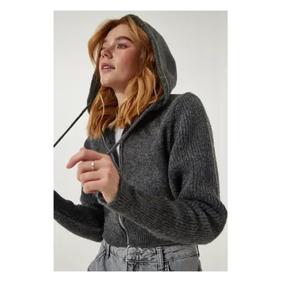 Happiness İstanbul Women's Anthracite Hooded Zippered Knitwear Cardigan