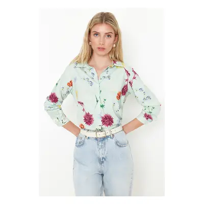 Trendyol Mint Flower Patterned Regular Fit Woven Shirt