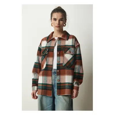 Happiness İstanbul Women's Brown Green Lumberjack Stamp Shirt Jacket