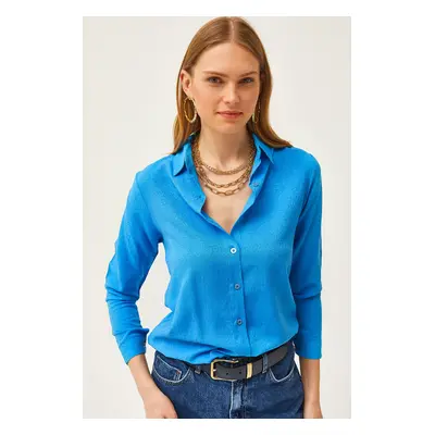 Olalook Women's Leopard Blue Jacquard Satin Detailed Woven Shirt