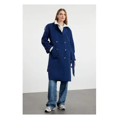 Trendyol Dark Navy Blue Oversize Belted Trench Coat