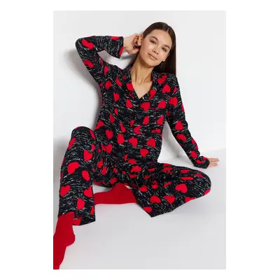 Trendyol Black Heart Viscose Shirt-Pants Woven Pajamas Set