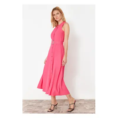 Trendyol Pink Belted Midi Woven Shirt Dress