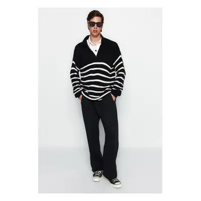 Trendyol Black Casual Oversize Fit Wide Pattern Polo Collar Striped Knitwear Sweater