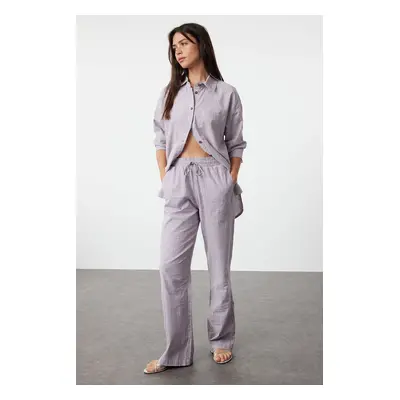 Trendyol Lilac Linen Blend High Waist Striped Wide Leg Trousers