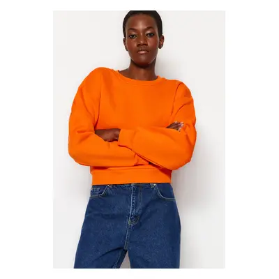 Trendyol Orange Relaxed Cut Crop Basic Crew Neck Thick Fleece Inside Knitted Sweatshirt