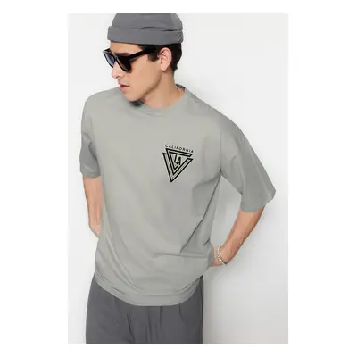 Trendyol Grey Oversize/Wide Cut City Printed 100% Short Sleeve T-Shirt