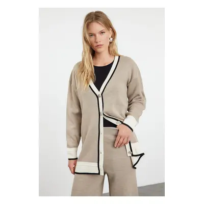 Trendyol Mink Color Block Knitwear Cardigan Trousers Bottom-Top Set