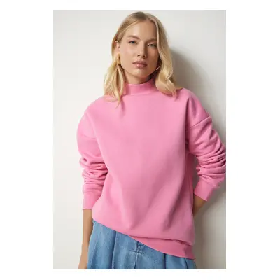 Happiness İstanbul Women's Light Pink High Neck Basic Raised Sweatshirt