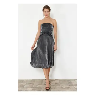 Trendyol Anthracite A-Cut Pleated Shiny Woven Elegant Evening Dress