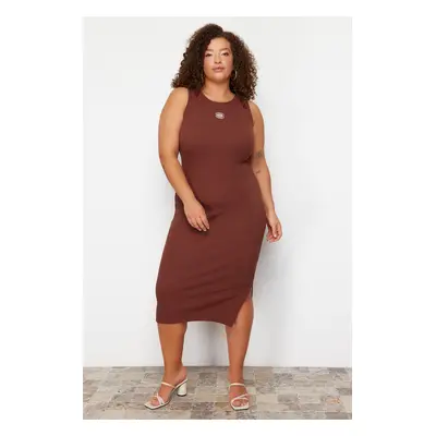 Trendyol Curve Brown Embroidery Detailed Camisole Midi Knitted Plus Size