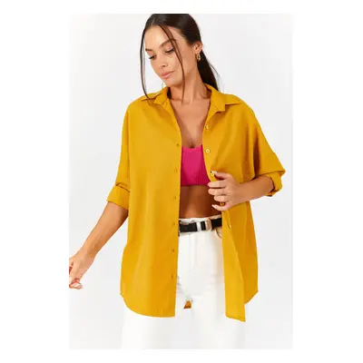 armonika Women's Mustard Oversize Long Basic Shirt