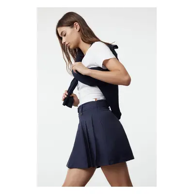 Trendyol Navy Blue Double Belt Detailed Pleated Mini Woven Skirt