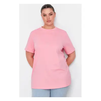 Trendyol Curve Pink Ribbed Collar Boyfriend 100% Cotton Knitted T-shirt