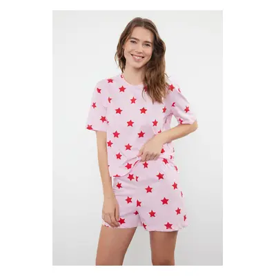 Trendyol Pink-Multicolored 100% Cotton Star Patterned T-shirt-Shorts Knitted Pajama Set