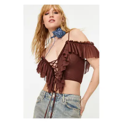 Trendyol Brown Crop Ruffle Knitted Blouse