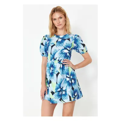 Trendyol Navy Blue Floral Skater/Waist-Opening Back Detailed Mini Woven Dress